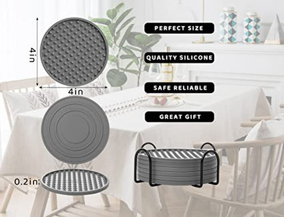 Coasters for Drinks 6 Pack Drinking Coasters with Holder,Heat Resistant Silicone Cup Mat Tabletop Protection,Non-Slip Rubber Coaster for Kinds of Cups (Grey) - color: Grey-metal Holder