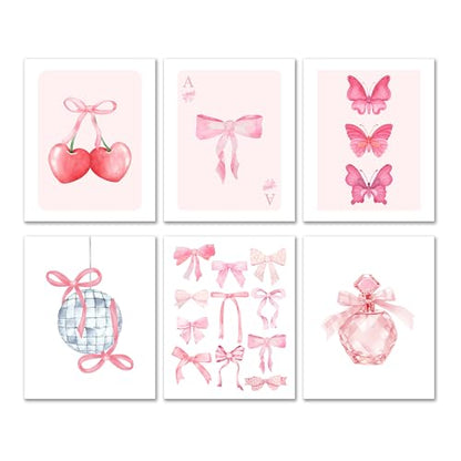 Isfvqyub Preppy Hot Pink Bow Wall Art, Aesthetic Coquette Butterfly Poster For Girl Women, Trendy Girly Cherry Disco Ball Wall Decor For Bedroom Dorm College Apartment, Set Of 6 -A10 - size: Hot Pink Butterfly