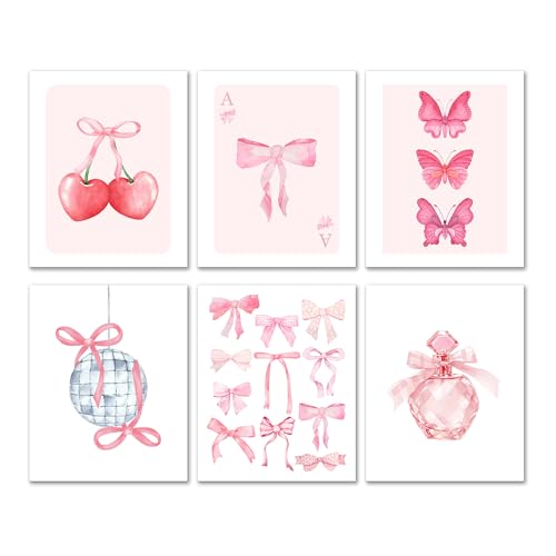 Isfvqyub Preppy Hot Pink Bow Wall Art, Aesthetic Coquette Butterfly Poster For Girl Women, Trendy Girly Cherry Disco Ball Wall Decor For Bedroom Dorm College Apartment, Set Of 6 -A10 - size: Hot Pink Butterfly