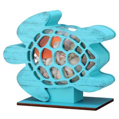 CroBlissful Blue Sea Turtle Seashell Holder Seashell Display Box Wooden Small Starfish Shell Display Case with Acrylic Clear Window Shark Tooth Collection Box for Shells Sea Rock Home Decor Present - color: Blue, style: Sea Turtle