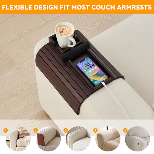 GEHE Bamboo Couch Cup Holder, Anti-Spill Sofa Arm Tray, Natural and Easy to Clean Couch Arm Cup Holder Armrest Tray Perfect for Cups, Beers, Snacks, Remote Control, Drinks - color: Deep Mahogany