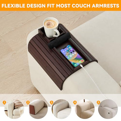 GEHE Bamboo Couch Cup Holder, Anti-Spill Sofa Arm Tray, Natural and Easy to Clean Couch Arm Cup Holder Armrest Tray Perfect for Cups, Beers, Snacks, Remote Control, Drinks - color: Deep Mahogany
