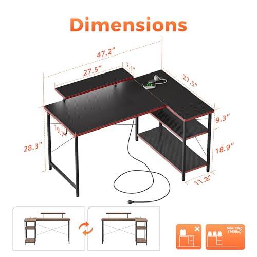 Mericonia Small L Shaped Computer Desk with Power Outlets, Reversible Gaming Desk with Storage Shelves & Monitor Stand, Corner Gamer Desk Table, Study Writing Table - color: Carbon Fiber, size: 48 inch