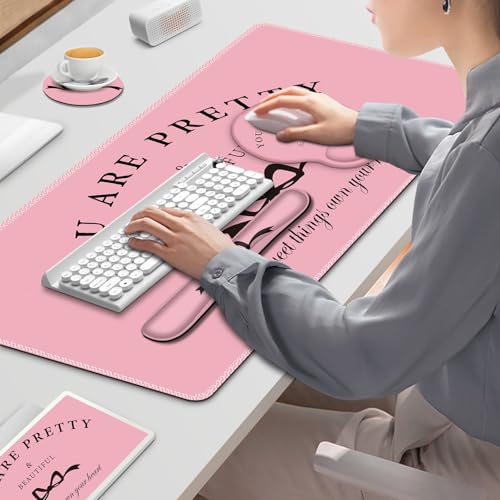 Gaming Mouse Pad, Large Desk Mat, Cute Desk Pad Protector, 4in1 XXL Mousepad + Keyboard Wrist Rest+Mouse Wrist Rest+Coaster Set with Ergonomic Desk Pad for Home Office Table Computer, Pink Pretty Bow - color: Pink Pretty Bow