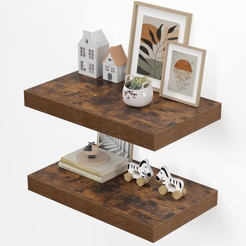 Dreamland 20" Floating Shelves for Wall, 12" Deep Thicker Floating Shelves, Wall-Mounted Shelves for Bedroom, Living Room, Kitchen, Bathroom,Rustic Brown - Set of 2 - color: Rustic Brown, size: 20"W x 12"D x 2"H, Set of 2
