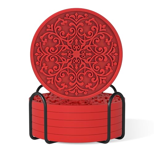 Drink Coasters, Coasters Set of 6 for Cup with Holder, Non-Slip Silicone Cup Mats for Hot and Cold Drinks, Cute Absorbent Coffee Bar Accessories Table Decor, Red - color: Red