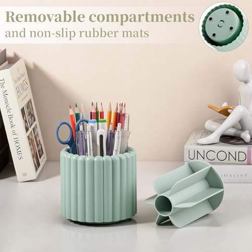 Anyoifax 360° Rotating Pen Holder 7 Slots Desk Organizer Removable Pencil Cup Plastic Art Supplies and Accessories Desktop Storage Box Caddy for Office, School, Home (Green) - color: Green, size: Small