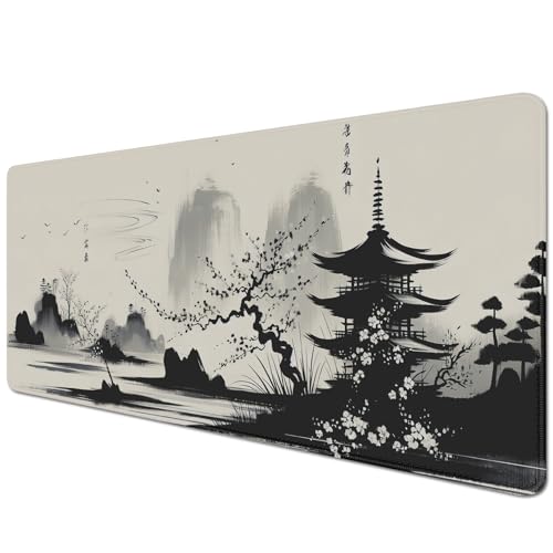 Cherry Blossom Mouse Pad Desk Mat Japanese Computer Pad (27.5X11.8 in) | Non-slip base, high-density smooth surface with no stuttering,Washable and colorfast,suitable for office, study, and gaming - color: ink wash cherry blossom