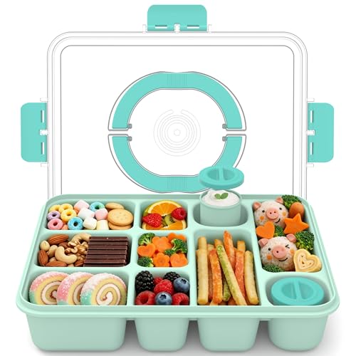 Snackle Box Container for Adults with 10 Compartment, Divided Serving Tray with Lid and Handle and 2 Sauce Containers, Portable Snack Box Container for Charcuterie Party Travel, Green - color: Green