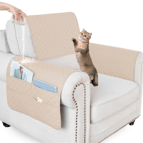 Waterproof Sofa Armrest Cover Headrest Cover with Side Pocket Non-Slip Couch Protector for Armchairs, Chairs, and Sofas (Apricot,1 Seater 3PCS) - color: Apricot, size: 1 Seater 3PCS