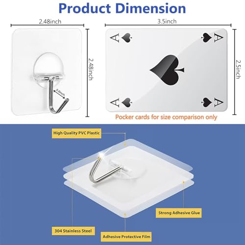 JINSHUNFA Adhesive Wall Hooks 13LB Heavy Duty No Drill Transparent Waterproof Hooks for Bathroom Kitchen Towel Coat 12 Pack - color: Clear, size: Medium 12 Pcs