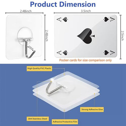 JINSHUNFA Adhesive Wall Hooks 13LB Heavy Duty No Drill Transparent Waterproof Hooks for Bathroom Kitchen Towel Coat 12 Pack - color: Clear, size: Medium 12 Pcs