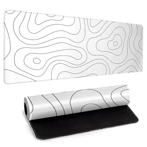 White Large Gaming Mouse Pad Desk Pad Topographic Map Big Keyboard Mat 31.5x11.8inch Computer Mousepad with Stitched Edge Non-Slip Rubber Base - color: White Topographic Map