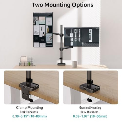 MOUNT PRO Vertical Dual Monitor Mount, Stacked Monitor Stand for 2 Computer Screens up to 32 inches, Full Motion Adjustable Tall Display Desk Mount, Each Arm Holds up to 17.6lbs, VESA Mount - size: Max 32“ Gas Spring