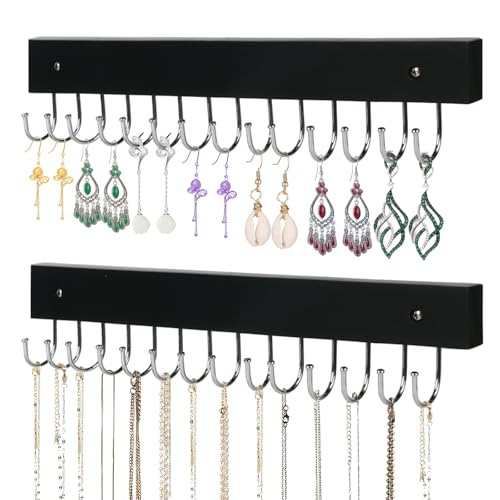 Necklace Holder Wall Mounted Jewelry Organizer - 2 Pack Wooden with 28 Hooks, Hanging Earring & Ring Bracelet Storage, Decorative Space-Saving Jewelry Display (Black) - color: Black