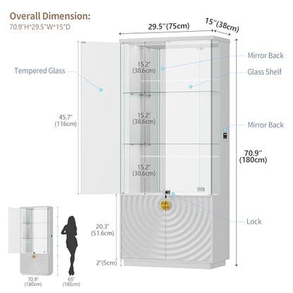 Lvifur 4-Tier Display Cabinet with Glass Doors,71''H Lockable Curio Cabinet with RGB Lights for Collectibles,White Glass Display Cabinet with Human Body Sensor,Glass Shelves,Living Room - color: White-rgb Lights