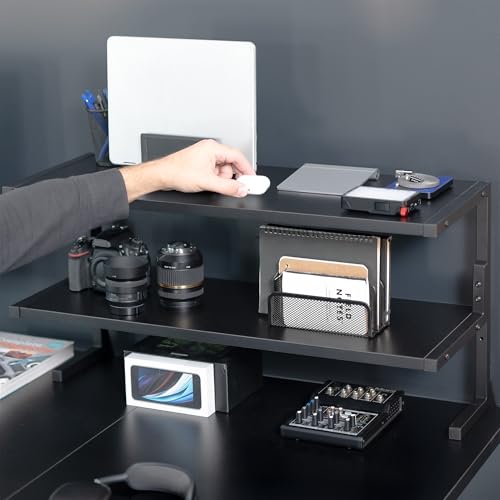 VIVO Black Clamp-on 30 inch 2-Tier Desk Shelf, STAND-SHELF30C | Above or Below Desk, 2 Level Shelving Unit for Table Accessories, Gaming Devices, and More, Storage Tray, Desktop Organizer