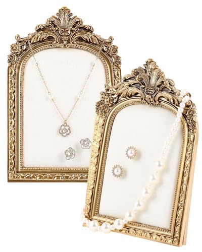 Wonderjune 2 Pcs Gold Jewelry Display Frame Vintage Jewelry Stand 10″, 7″ Resin Necklace Organizer Ring Holder Earring Tray for Photography Props Women Wedding Gifts(White,Small,Elegant) - color: White, size: Small, style: Elegant