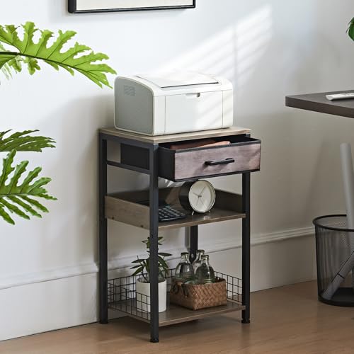 Lerliuo Grey Printer Stand with Fabric Drawer, 3 Tier Industrial Side Table, Modern Small Printer Desk Holder with Storage Shelf,Multi-Functional Bedside Tables for Home Office Fax Machine Scanner - color: Grey