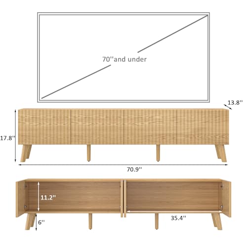 70.9” TV Stand for TVs up to 70,TV Console with Two Storage Compartments, Modern Entertainment Center with 6 Supporting Legs and Fluted Drawer Fronts, TV Stand for Living Room, Bedroom, Natural - color: Natural, size: 70.9"