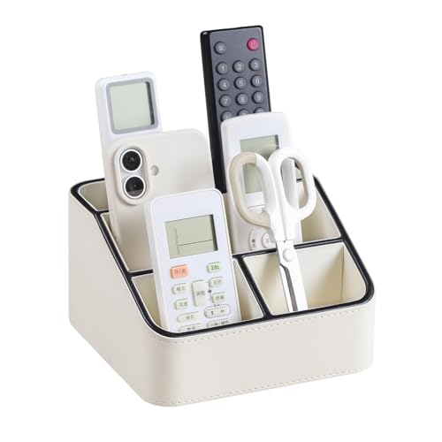 Remote Control Holder, PU Leather Small Desk Organizer with 4 Compartments, Nightstand Organizer Office Desk Accessories Desk Caddy for Countertop Bedside End Table (Cream) - color: Cream