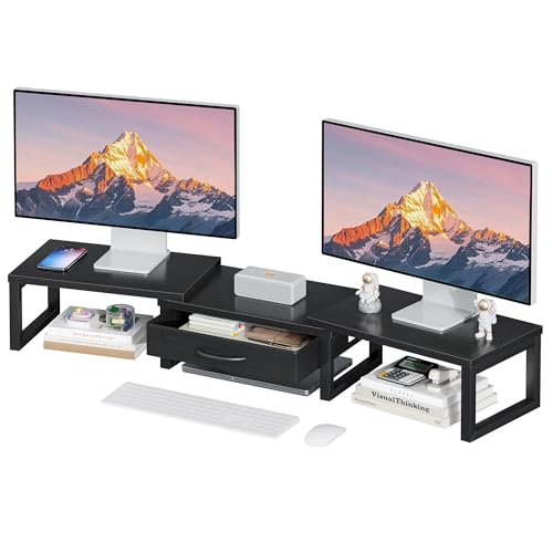 Dual Monitor Stand Riser, Desk Organizers and Accessories with Drawer, Computer Monitor Stands for Desk, Adjustable Desktop Shelf for PC Laptop Printer TV, Black