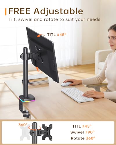 RGB Single Monitor Stand with USB Hub, Desk Mount for 13-27 Inch Screens, 1 USB-C & 2 USB Ports for Charging & Data Transfer, Adjustable VESA Monitor Mount, Height Tilt Swivel Rotation, Up to 17.6lbs - size: RGB Single Monitor Stand