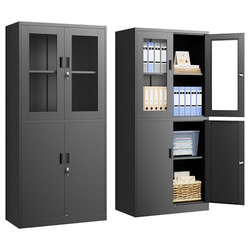 PEUKC Display Storage Cabinet with Glass Door, 71 Inches Metal Curio Cabinet with 2 Adjustable Shelves, Locking Glass Display Case for Home, Office, Clinic, Pantry, Assemble Required (Black) - color: Black, size: 71 Inches - 4 Doors