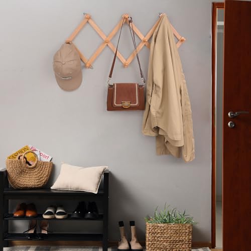 SCUNDA Wall Rack with 10 Hooks, Wooden Wall Expandable Coat Rack for Coat, Hats, Baseball Caps, Coffee Mug, Jewelry(Natural) - color: Natural, size: 10 Hooks