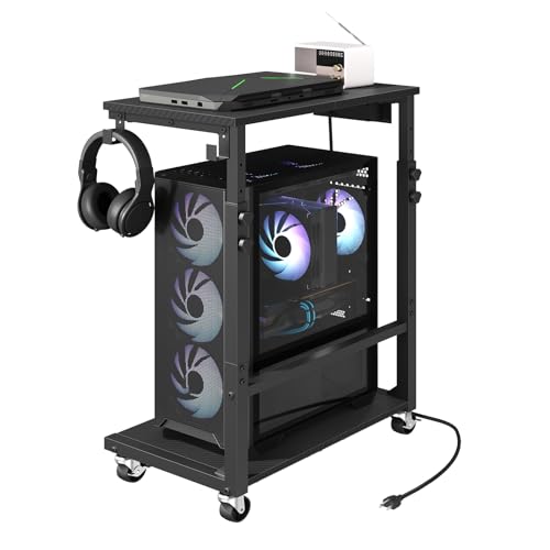 MAHANCRIS Computer Tower Stand with Power Outlet, Mobile PC Stand for Floor, Height Adjustable PC Holder Cart Under Desk, 26.6"-32.7" H, for Home Office, Gaming Room, Black PCHS215E01 - size: 19.7"L x 11.0"W x 26.6"H