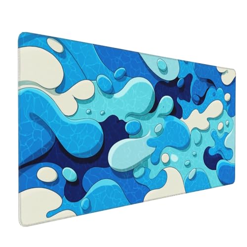 Extended Gaming Mouse Pad, Blue Wave Pattern Design, 35.4 x 15.7 Inches, Anti-Slip Rubber Base, Stitched Edges, Rectangular Desk Mat for Gaming and Office - color: Blue Waves