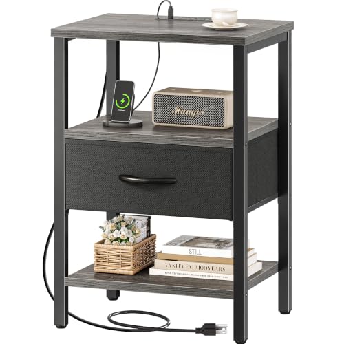 SUPERJARE Nightstand with Charging Station, Bed Side Table with Adjustable Fabric Drawer, Night Stand for Bedroom, 3-Tier Storage End Table, for Living Room, Charcoal Gray - color: Charcoal Gray and Black, size: M (11.8"D x 15.7"W x 23.4"H)