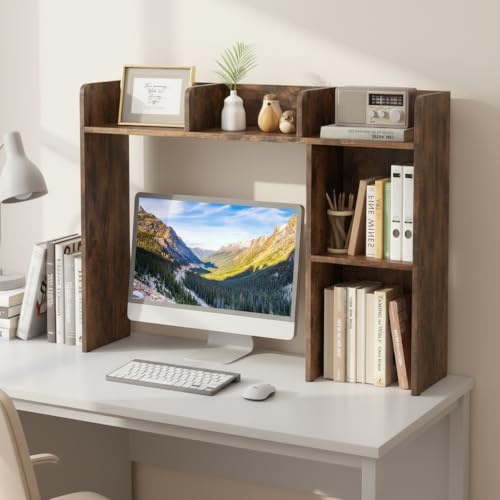Tangkula Desktop Bookshelf, Countertop Storage Hutch with 5 Shelves for Computer Desk, 3-Tier Display Rack, Multipurpose Wood Desktop Hutch Storage Organizer for Dorm Office, Brown - color: Rustic Brown, size: 5 Shelves
