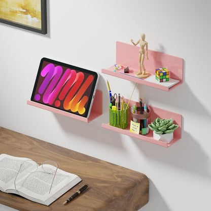 PAVSTINE Adhesive Floating Shelves for Wall No Drilling, 12 Inch Acrylic Self Adhesive Shelves, Stick on Shelves, Dorm Wall Shelf, for Bathroom, Kitchen, Bedroom, Office, Gaming Room, Pink - color: Pink