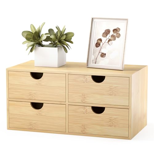 Wisuce Desk Organizer with Drawers - Bamboo Desktop Organizer Storage | White-Natural Wood Desk Drawers Organizer for Bills, Office Supplies, Cosmetics, Seals No Assembly Required(4 drawers) - color: Natural-4 Drawers, size: 12.99”L x 7.48”W x 6.3”H