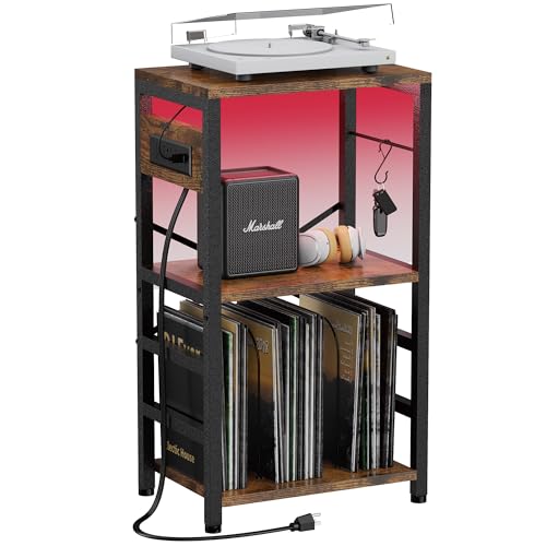 YAKANJ End Table with LED Light,Record Player Stand with Charging Station,Vinyl Records Storage,Turntable Stand Albums Storage for Music Room Studio-Modern Brown - color: Modern Brown