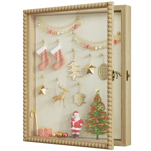 Love-KANKEI Shadow Box Frame 13x16, Deep Large Shadow Box Display Case with Unique Beads Door and Glass Window, Wood Memory Box for Pictures,Medals,Memorabilia,Collections Natural - color: Natural, size: 13x16