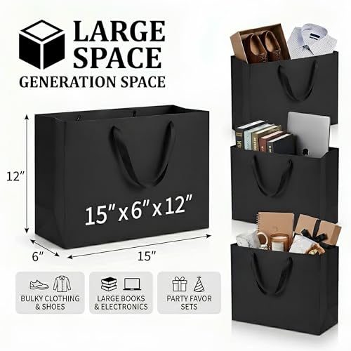 GEGIBOA Extra Large Black Gift Bags 15x6x12 with Handles 2 Pack Paper Gift Bags with Tissue Paper Reusable Large Gift Bags for Fathers Day Birthdays Weddings Christmas Graduation Business Gifts - size: Black-XL-2PCS with paper