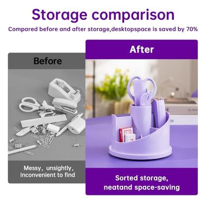 deli Office Supplies Set, Purple Desk Accessory Organizer Kit, Stapler Set, Rotating Multi-Functional Pen Holder, Tape Dispenser, Pens, Binder Clips, Sharpener, Scissor, Eraser, Purple Office Supplies - color: Purple