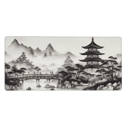 Extra Large Mouse Pad, Chinese Ink Wash Painting Design, 35.4x15.7 Inches, Gaming Keyboard Pad with Stitched Edges and Anti-Slip Rubber Base - color: tower