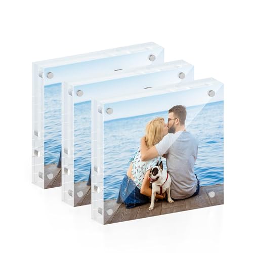 ATZYmolin 4x4 Acrylic Picture Frame 3 Pack, 20mm Thick Magnetic Double Sided Display 20% Thicker- Frameless Clear Transparent Photo Frame for Desktop/Tabletop, Self Standing with Microfiber Cloth - size: 4x4"
