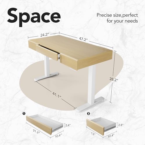 HUANUO 48 Inch Standing Desk with Drawers, Electric Adjustable Height Stand Up Desk with Storage, Whole-Piece Board Computer Workstation for Home Office, Light Walnut - color: Light Walnut, size: Center Storage