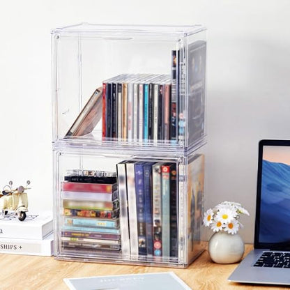 CroBlissful 2 Pack Stackable Clear Plastic CD/DVD Organizers Dustproof Magnetic Flip Cover Jewel Case Holders Media Storage Organizers Holds up to 40 CD Cases Per Organizer or 30 DVD Cases