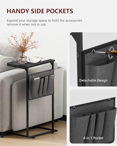 Vantic C Shaped End Table, Small Side Table for Couch and Recliner, Slide Under Sofa Tray Desk with Storage Bag for Living Room and Bedroom, Deep Grey - color: Deep Gray