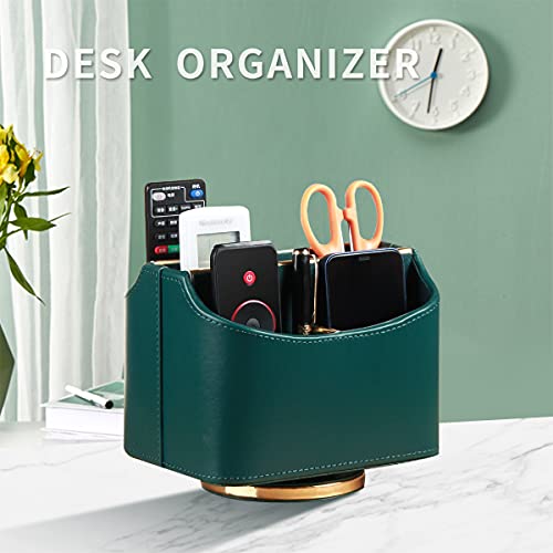Leather Remote Control Holder for Table, 360 Degree Spinning TV Remote Caddy, Bedside Desk Organizer for DVD, Media, Blu-Ray, Heater Controllers, Mobile Phone, Glasses and Office Supplies Storage - color: Green