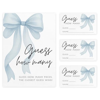 Printed Party Baby Boy Shower Guess How Many Game – Blue Bow Little Man Theme, Baby Boy Decor & Party Supplies, 30 Cards with Table Display Sign - color: Blue Bow