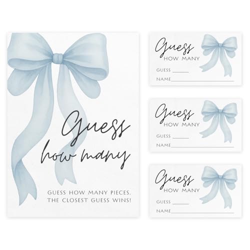 Printed Party Baby Boy Shower Guess How Many Game – Blue Bow Little Man Theme, Baby Boy Decor & Party Supplies, 30 Cards with Table Display Sign - color: Blue Bow