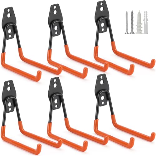 6 Pack Garage Hooks Heavy Duty Storage Organizer Wall Mount Power and Garden Tool Hangers, for Hanging Ladders, Ropes, Hose, Bulk Items - color: Orange 6 pack