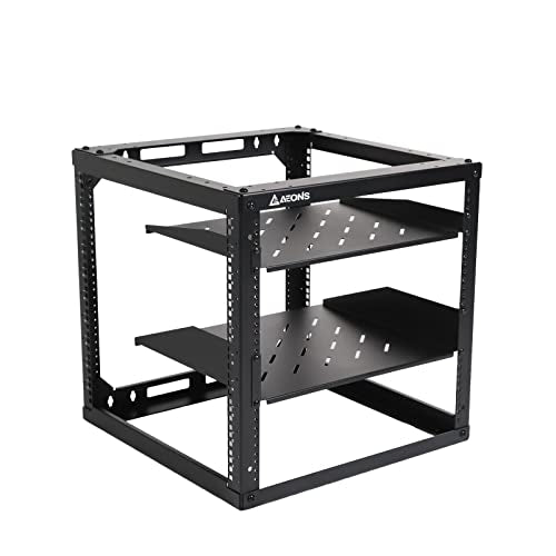 AEONS 10U Open Frame Network Server Rack 19-inch 4 Post AV Rack with Casters for Floor Standing and Wall Mount, Side Load for Extra Depth– Complete Kit with 1U and 2U Vented Shelves, Black - style: 10U-Kit