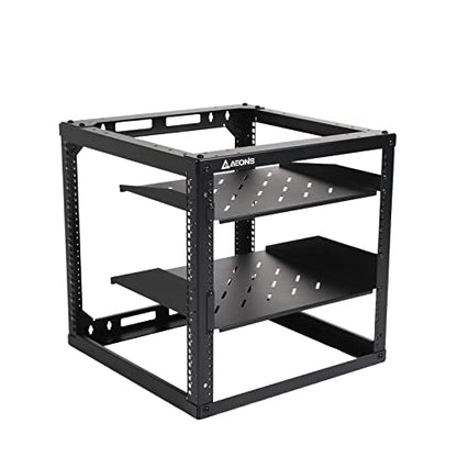 AEONS 10U Open Frame Network Server Rack 19-inch 4 Post AV Rack with Casters for Floor Standing and Wall Mount, Side Load for Extra Depth– Complete Kit with 1U and 2U Vented Shelves, Black - style: 10U-Kit